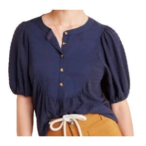 Anthropologie Elinor Navy Peasant Prairie Cottage Puffed Sleeve Coastal Tunic SM